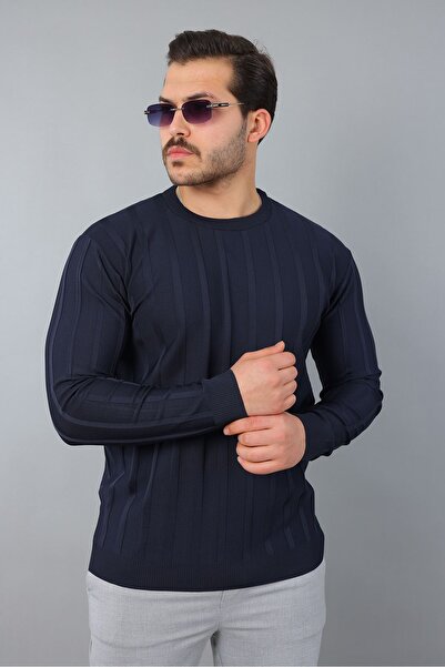 masso Men's Long Sleeve Crew Neck Self-Striped Knitwear