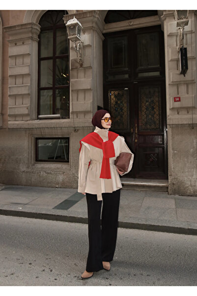 MODA AKSA 7623 DİK YAKA GENİŞ OMUZ TRENÇ KOYU BEJ