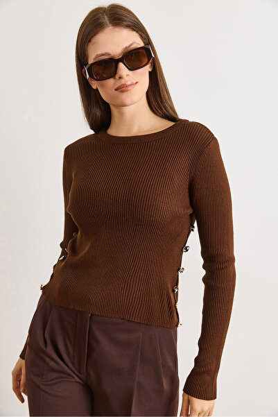 Olalook Women's Brown Side Button Detailed Corded Fabric Knitwear Sweater Kzk...