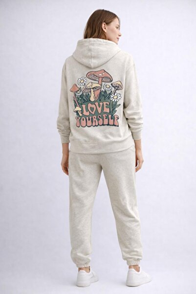 MARKATEM 3Iplik Pamuklu Sırt Printed Bisiklet Yaka Oversized Hoodie Sweat Pan...