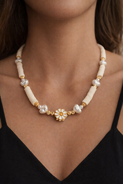 Handmade Beyaz Fimo Papatya Kolye