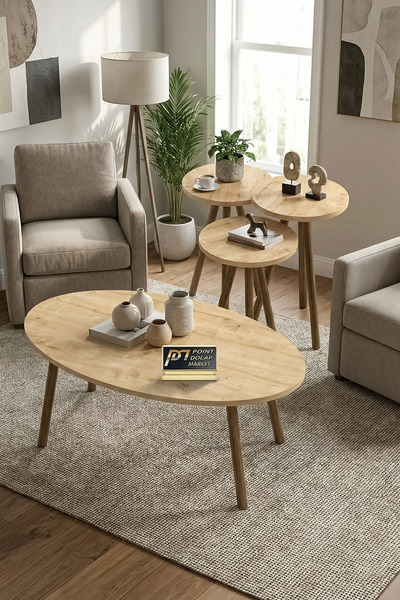 PDMPOİNT DOLAP MARKET Flora 3 lü Zigon Takımı Ve Elips Orta Sehpa -Safir Meşe