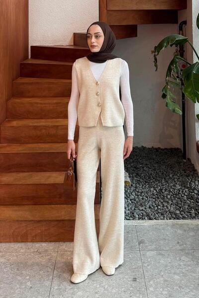 lamelif V-Neck Vest Set Beige