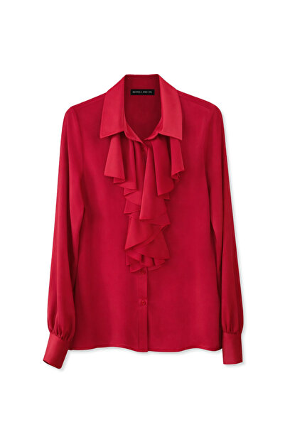 BARRELS AND OIL Women's Ruffled Front Long Sleeve Shirt - Red
