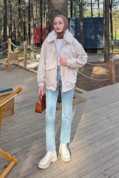 lamelif Fur Collar Pocketed Coat Beige