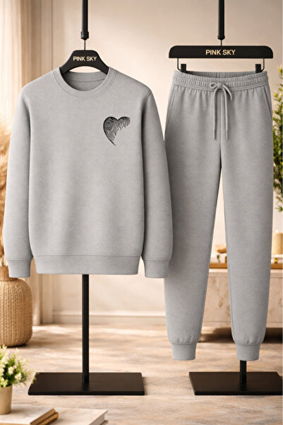 Pink Sky Unisex Minimal Heart Detailed Sweatshirt & Jogger Tracksuit Set