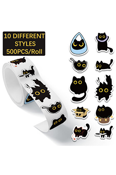 Choice ٥٠٠ قطعة من ملصقات القطط السوداء، لفائف ملصقات قطط كرتونية مضحكة، ملصق...