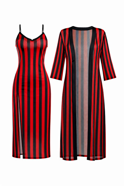 IZABEL Lingerie Elegant Night Set, Nightgown with Straps and Long Robe, Red w...