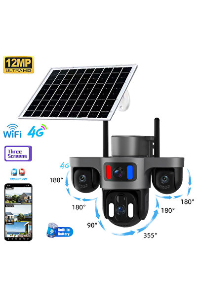 SHUFA 4G/4K Lens 3 Kamera Solar Akıllı Güvenlik Kamerası-Kablosuz, Elektriksi...