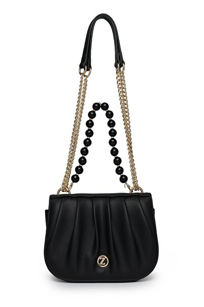 Zühre Black Hand and Shoulder Bag with Chain Strap and Bead Detail Z0030