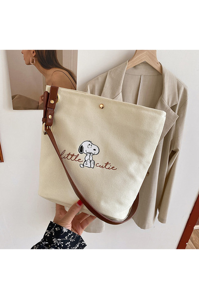 Miniso Beige 2025 New Snoopy Bucket Bag Simple Shoulder Bag Puppy Tie Pocket ...