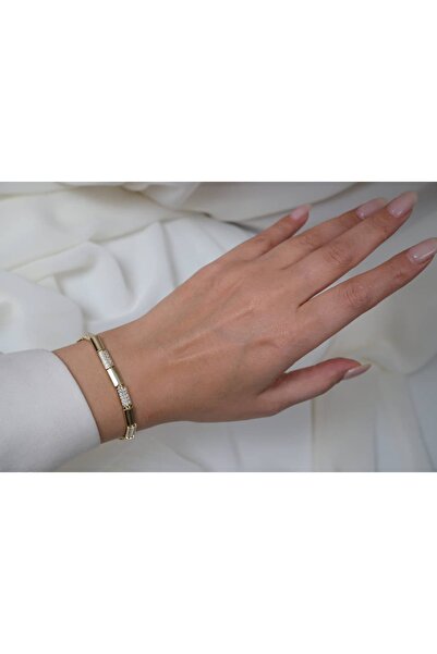 ATELİER TUĞBA Blk196 Gold Color Stone Detail Segment Rod Bracelet (17 cm + 2 ...