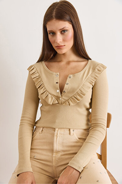 Olalook Women's Beige Ruffled Placket Ribbed Knit Blouse Blz-19001667