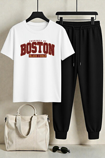 uyguntarz Unisex-T-Shirt mit Boston-Design, bedruckt – 2-teiliges Trainingsan...