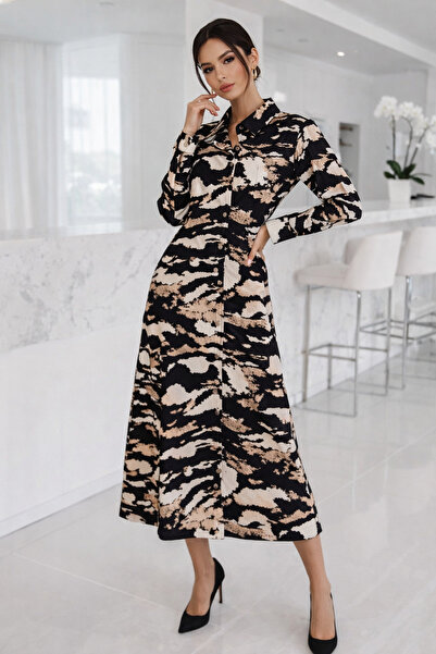 Rich Γυναικείο μακρυμάνικο φόρεμα από σατέν με μαύρο καφέ σχέδιο