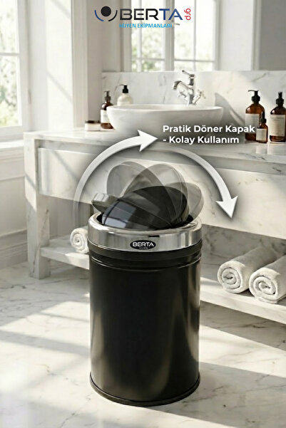 Berta Hijyen 8 Litre Döner Kapaklı Metal Çöp Kovası - Paslanmaz Banyo, Mutfak...