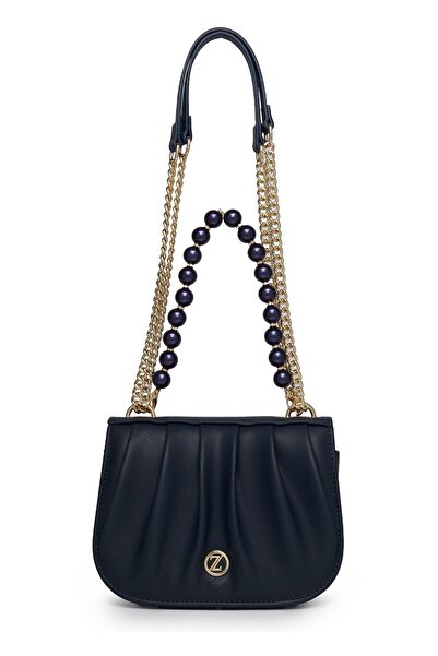 Zühre Navy Blue Hand and Shoulder Bag with Chain Strap and Bead Detail Z0030