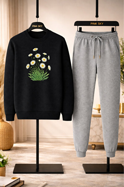 Pink Sky Σετ φούτερ και γκρι αθλητική φόρμα Jogger Black Daisy με τύπωμα