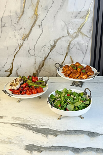 MAY HOME Antique 3-Piece Footed Plate Bowl Set & Handle Presentation Dish Ser...