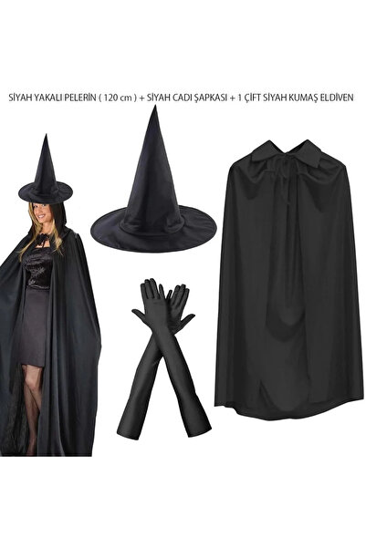 magicool 120 cm Black Collared Witch Cape Witch Hat and 1 Pair of Black Cloth...