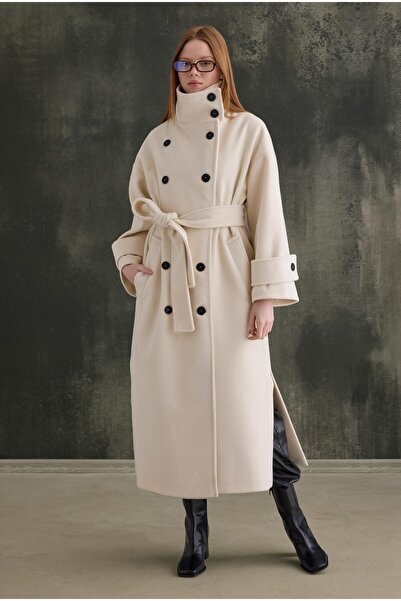 HEQA Funnel Neck Long Coat Ecru