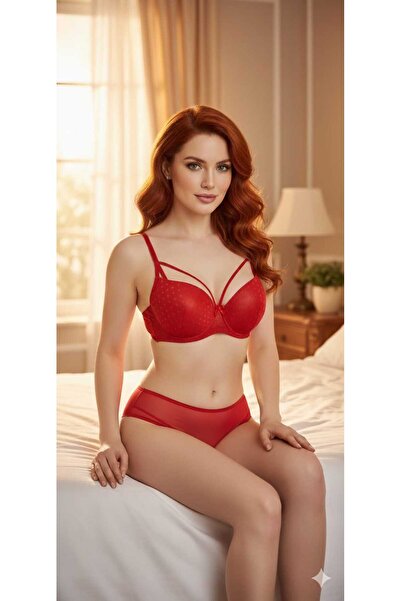 MODA Κόκκινο σετ σουτιέν από τούλι με κορδόνια στο μπροστινό μέρος, κομψό και...