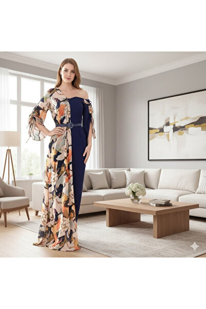 FULLJOY A long, navy off-the-shoulder dress with chiffon in an attractive flo...