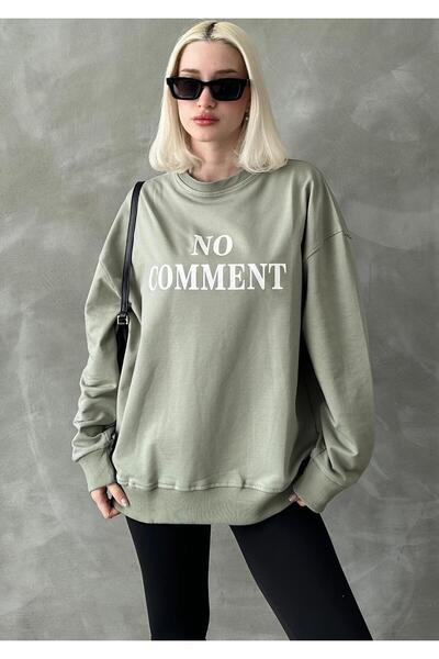 Madmext Mint Green Crew Neck Printed Oversized Women's Sweatshirt Mg1902