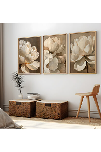TekTablo Ahşap Çerçeveli 3’lü Çiçek Tablo Seti, Modern Minimal Bej Tonlar, Sa...