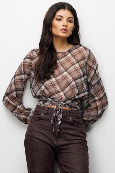 Mixray 4795 Bluză de damă în carouri, cu detalii, multicoloră