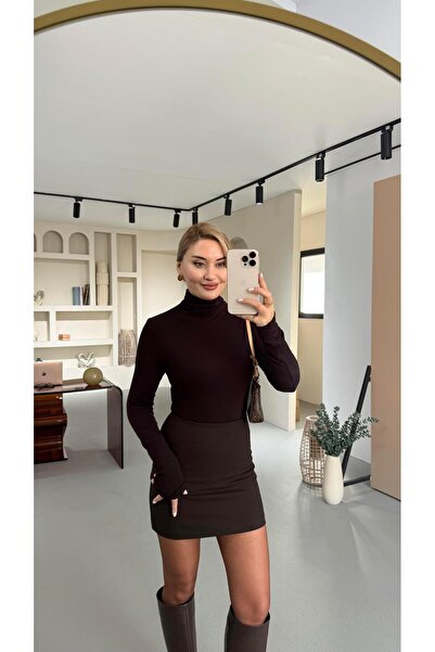 Sezgi Tekin Premium Series Brown Turtleneck Cotton Basic Blouse