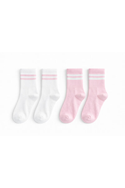 SOLDE SOCKS عبوة من 2 جوارب قطنية يومية للفتيات - نمط مخطط، لون أبيض ولون بود...