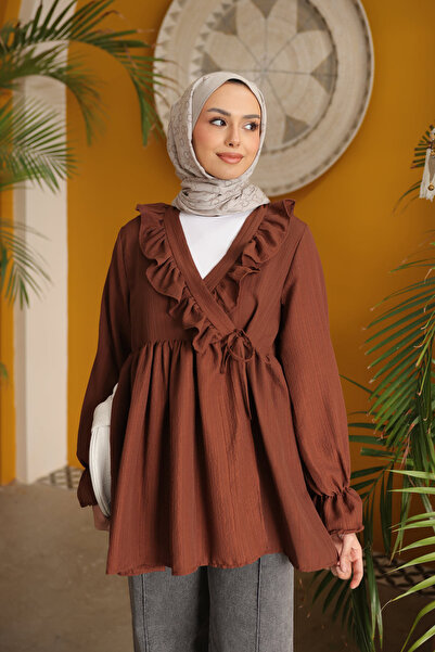 İmajButik Brown Collar Ruffled Side Tie Sleeve Elastic Tunic
