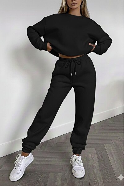 NO 601 Women's Black Crew Neck Thick Tracksuit Set