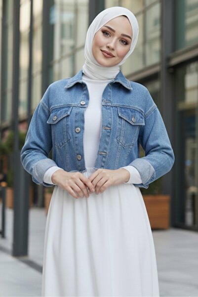 Bestenur Short Denim Jacket with Pockets 1669 - Blue
