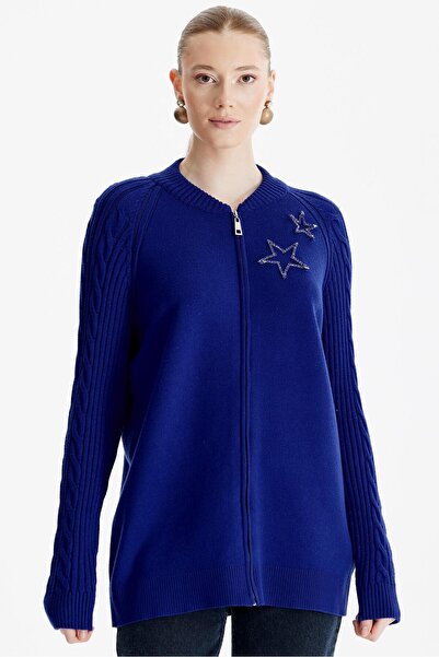 Tığ Triko Fermuarlı Kolları Saç Örgülü Hırka SAKS