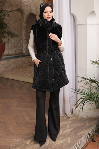 İmajButik Black Hooded Elastic Waistband Quilted Puffer Vest