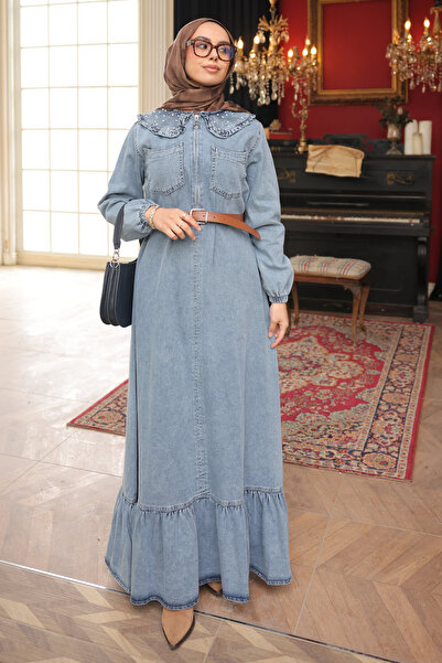 İmajButik Blue Collar Stone Half Zipper Belted Denim Dress