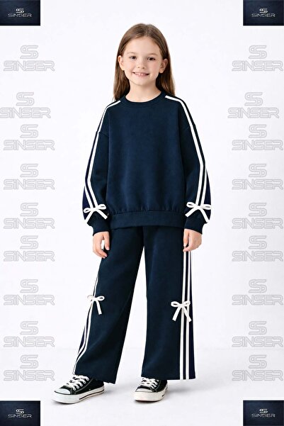 SS SİNSER Fiyonklu Şeritli Sıfır Yaka Kurdeleli Kız Çocuk Eşofman Takımı Studıo