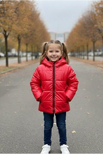 mayakids Red Shiny Fabric Inner Part with Fur Girl's Coat