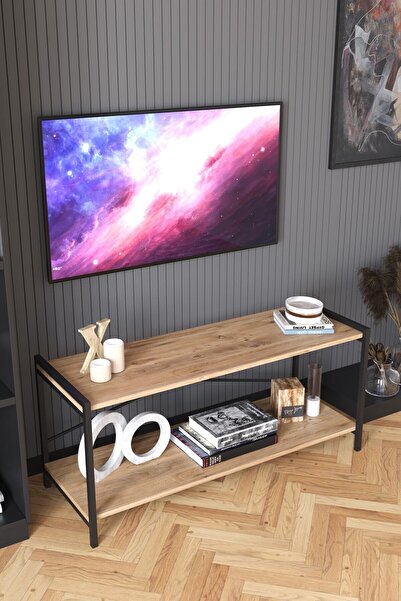 bodygym Dekoratif Tv Ünitesi Ahşap Demir Ayaklı Raflı Televizyon Sehpası - At...