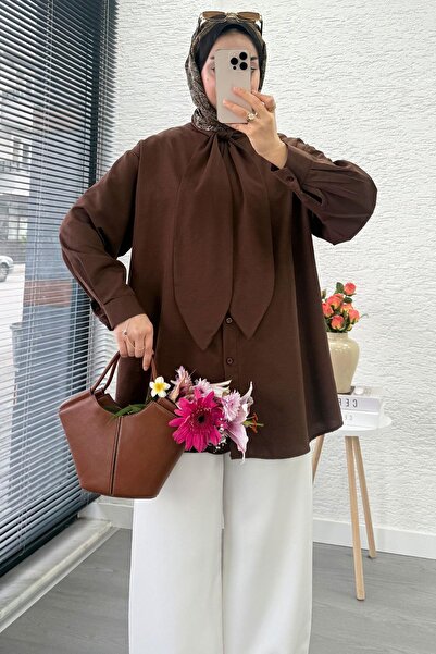 MELEK ARAZ Tie Collar Oversized Women's Shirt Tunic – Brown