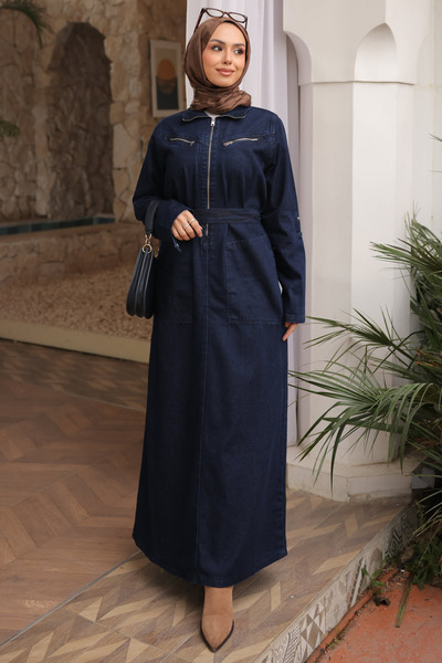 İmajButik Navy Blue Half Zipper Pocket Denim Dress