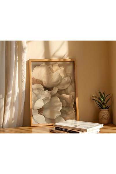 TekTablo Ahşap Çerçeveli 3’lü Çiçek Tablo Seti, Modern Minimal Bej Tonlar, Salon & Oturma Odası Duvar Dekoru