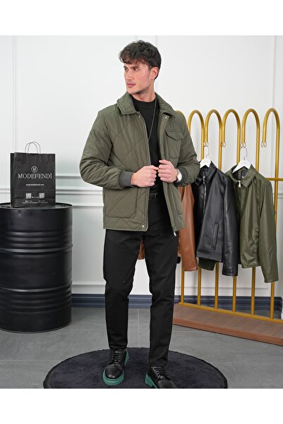 MODEFENDİ Slim Fit Baklava Pattern Bag Pocket Filling Fiber Coat