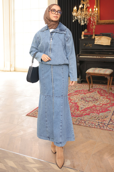 İmajButik Blue Zippered Jacket Skirt Jeans Set