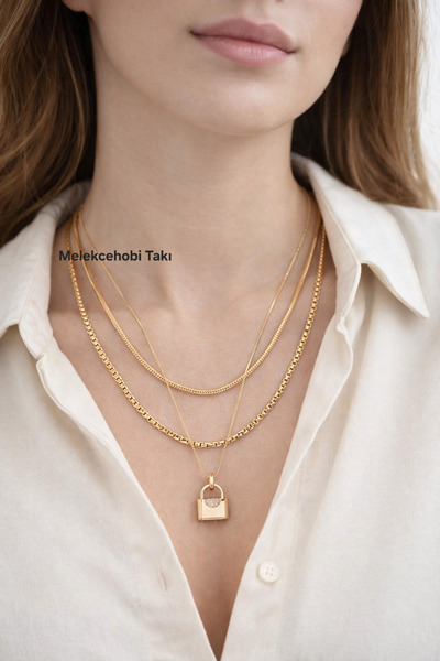 XUPING JEWELRY Çoklu Kombin 3’lü Kilit Detaylı Rose Gold Zincir Kolye Seti | ...