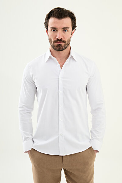 Mcr Patterned Slim Fit Classic Long Sleeve Men's Shirt White - 27114.25K