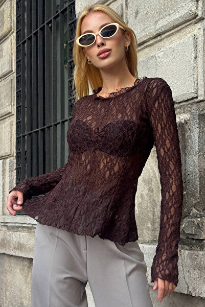 Trend Alaçatı Stili Women's Bitter Brown Crew Neck Puff Detailed Tulle Blouse...