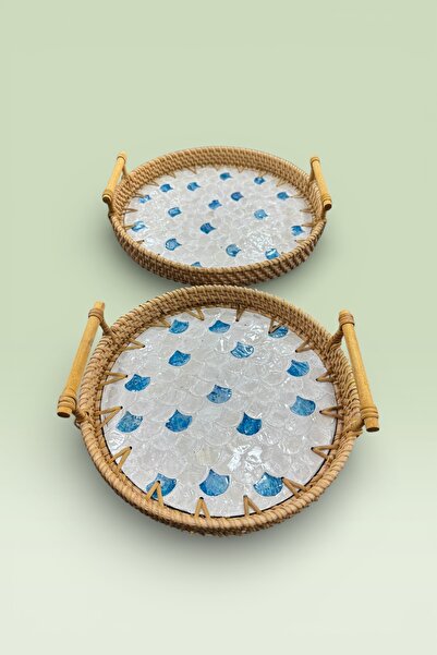 Evsun Home Collection 2-Piece Pearlescent Glass Rattan Tray Brown 27cm and 24cm